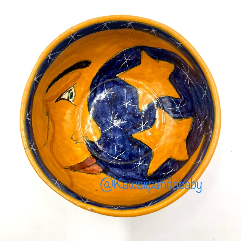 Vintage E Ortiz Mexican Hand Painted Moon & Stars Celestial Folk Art Small Bowl